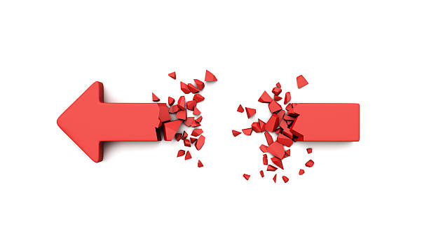 istock Red 3D arrow icon symbol or sign object, broken, cracked and scattered on white background. Top view. Error, Cancel, fail, Disapproved and End. Clipping path. 3d illustration. 2213423883