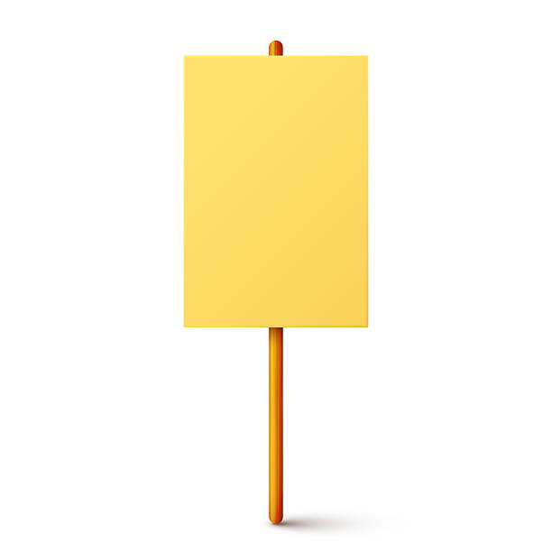 istock Blank colorful protest sign with wooden holder. Demonstration banner. Strike action cardboard placard mockup. Social advertisement. Vector illustration 2213428248