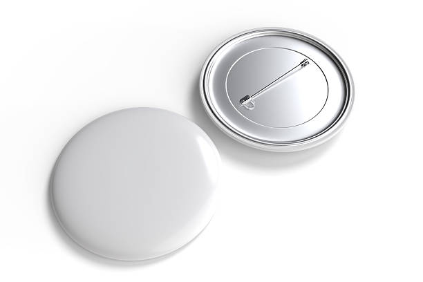 Blank Round Pin Badges Mockup Template isolated on background. Plastic empty white button badge with metal for branding souvenir magnet, brooch pin, emblem, merchandise, volunteer label. 3D rendering
