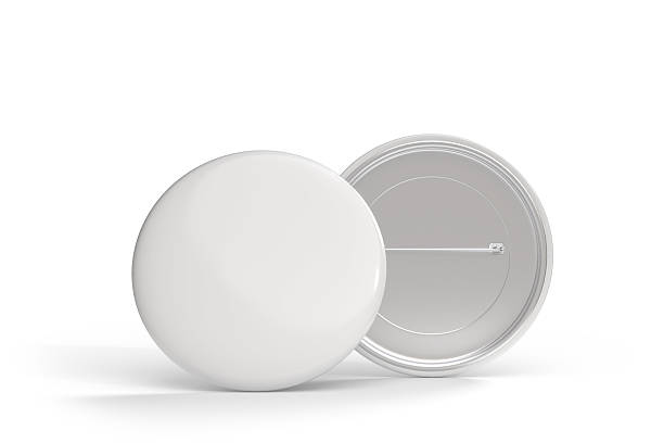 istock Blank Round Pin Badges Mockup Template isolated on background. Plastic empty white button badge with metal for branding souvenir magnet, brooch pin, emblem, merchandise, volunteer label. 3D rendering 2213433606