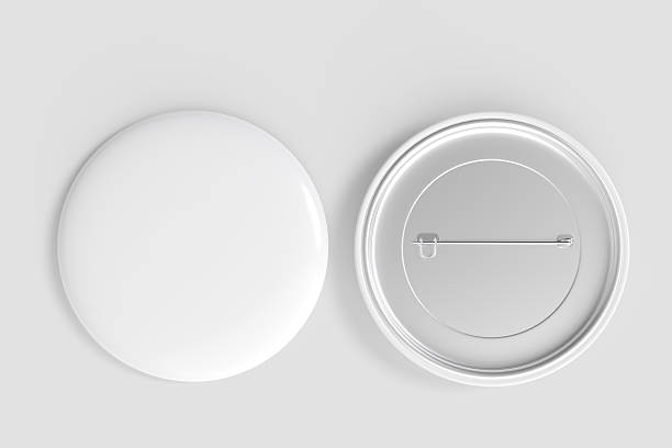 Blank Round Pin Badges Mockup Template isolated on background. Plastic empty white button badge with metal for branding souvenir magnet, brooch pin, emblem, merchandise, volunteer label. 3D rendering