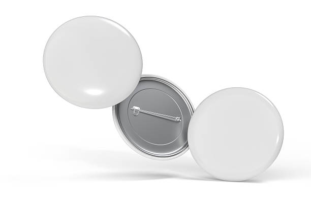 istock Blank Round Pin Badges Mockup Template isolated on background. Plastic empty white button badge with metal for branding souvenir magnet, brooch pin, emblem, merchandise, volunteer label. 3D rendering 2213433616