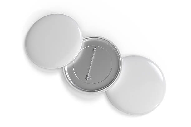 istock Blank Round Pin Badges Mockup Template isolated on background. Plastic empty white button badge with metal for branding souvenir magnet, brooch pin, emblem, merchandise, volunteer label. 3D rendering 2213433624