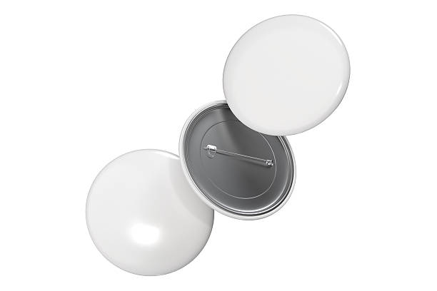 istock Blank Round Pin Badges Mockup Template isolated on background. Plastic empty white button badge with metal for branding souvenir magnet, brooch pin, emblem, merchandise, volunteer label. 3D rendering 2213433632