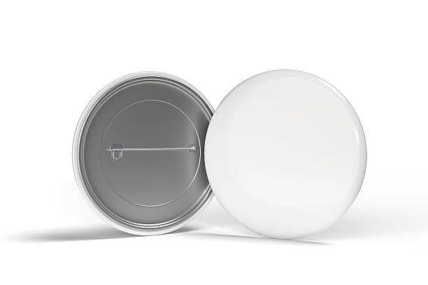 istock Blank Round Pin Badges Mockup Template isolated on background. Plastic empty white button badge with metal for branding souvenir magnet, brooch pin, emblem, merchandise, volunteer label. 3D rendering 2213433633