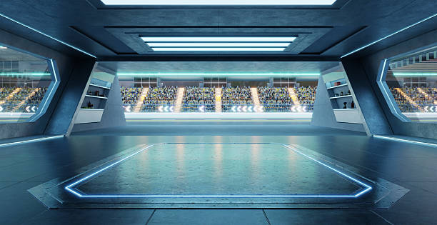 istock 3D rendering Futuristic garage opening on race track with audience cheering 2213438294
