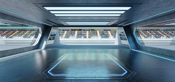 istock 3D rendering Futuristic garage overlooking race track with spectators cheering 2213438367