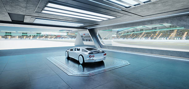 istock 3D rendering Futuristic white racing car parked inside garage overlooking race track 2213438562