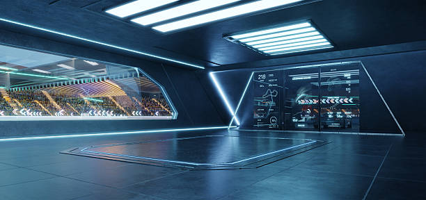 istock 3D rendering Futuristic garage showing race track and telemetry data on transparent display 2213439103