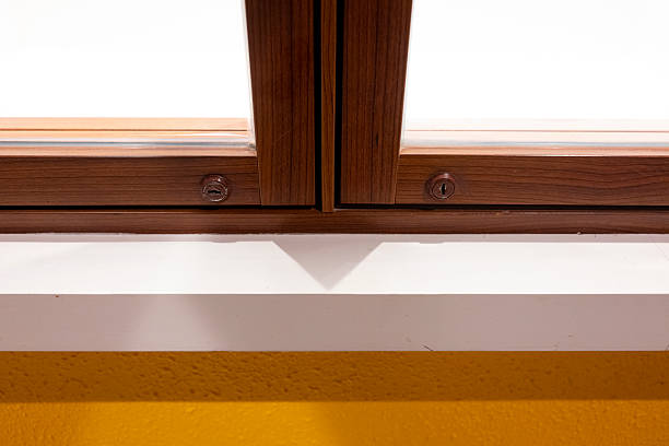 Close up of a yellow wall with grid windows