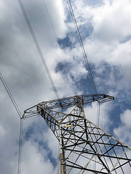 istock Photographic documentation of a power pylon and cloudy sky 2213445420