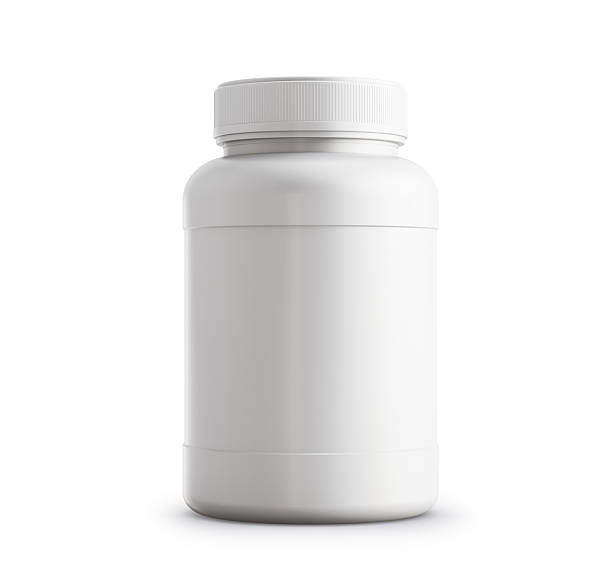 Plastic vitamin bottle template isolated on white and blue background