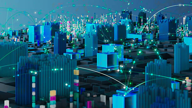 istock Futuristic Digital Cityscape with Communication Networks and Glowing Data Streams 2213447344