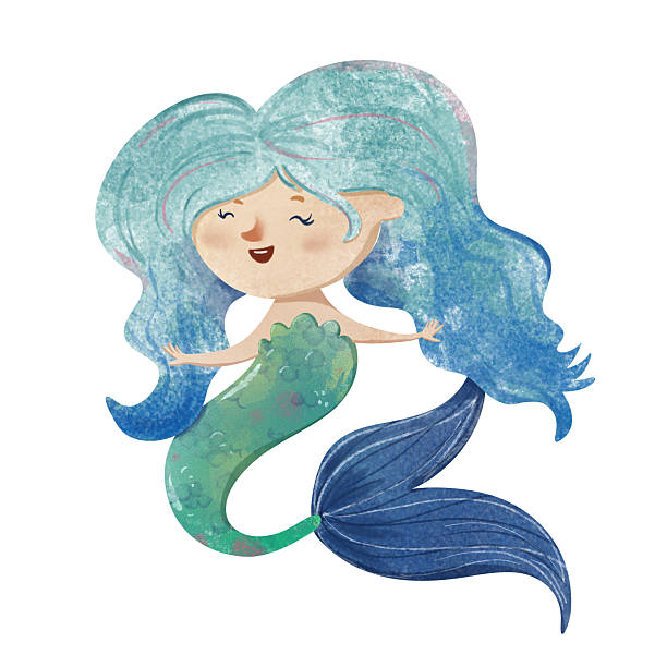 istock Cute smiling mermaid with closed eyes, blue-green gradient hair, and green-blue tail. Hand-drawn digital watercolor illustration in a children's style. Perfect for kids' designs, prints, nursery decor 2213448250