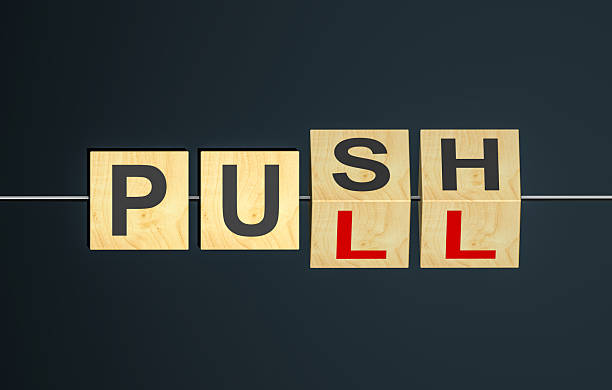 istock Flipping wooden cubes with word PUSH to PULL. 2213448913