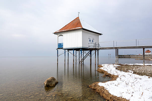Bathing hut in Wasserburg at Lake Constance, Bavaria, Germany, in winter