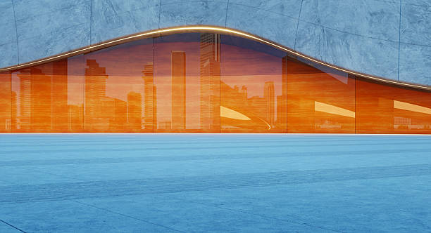 istock 3D rendering Modern building exterior reflecting cityscape at sunset 2213449314