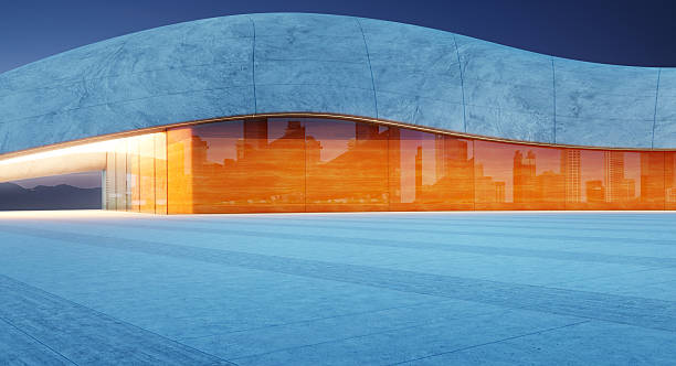 istock 3D rendering Modern building reflecting city skyline at dusk 2213449319