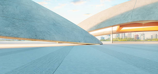 Empty concrete floor with abstract modern architecture and cityscape view. 3d rendering