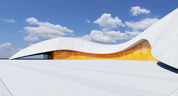 istock 3D rendering Modern architecture building with wavy roof and orange glass facade 2213450319