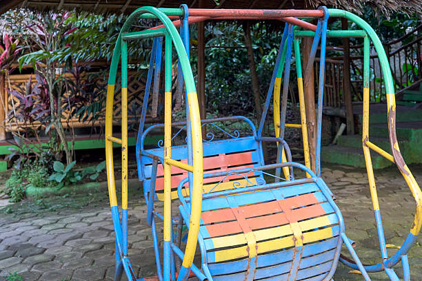 Faded colors and weathered textures tell a story of past joys on this vintage children's playground equipment. This old metal and wood play structure evokes nostalgia for simpler times and childhood memories made in parks or schoolyards, now standing as a testament to the passage of time.
