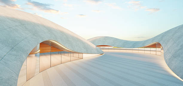 istock 3d rendering Futuristic parking lot with concrete canopy structures at sunset: 3d rendering 2213450511