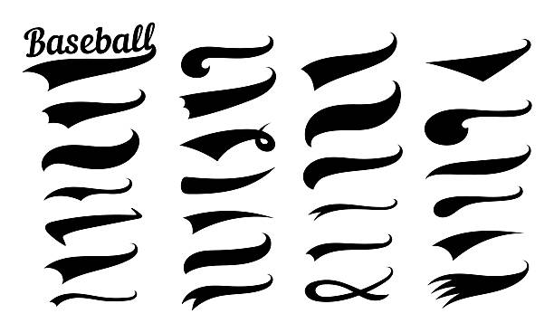 ilustrații de stoc cu cozi de text swooshes pentru designul baseballului. forme de subliniere sport în stil retro. elemente de font tipografic pentru atletism, baseball, decorațiuni de fotbal. linie vectorială cu vârtej negru. - echipament de baseball