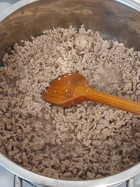 istock Minced meat in cooking pan with wooden spoon. 2213454285
