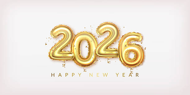 2026 Happy new year number, gold balloons