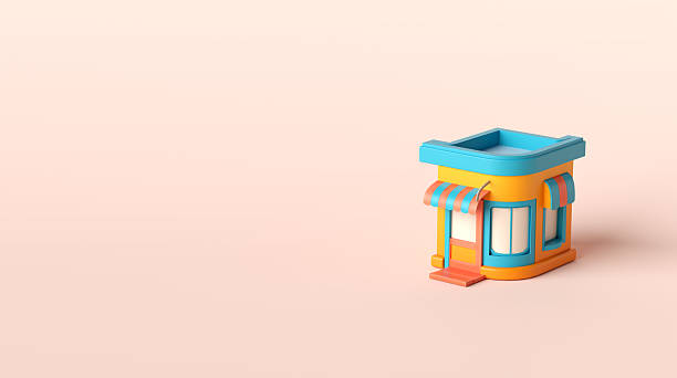 istock Colorful stylized 3d store on pink background representing local business 2213458218