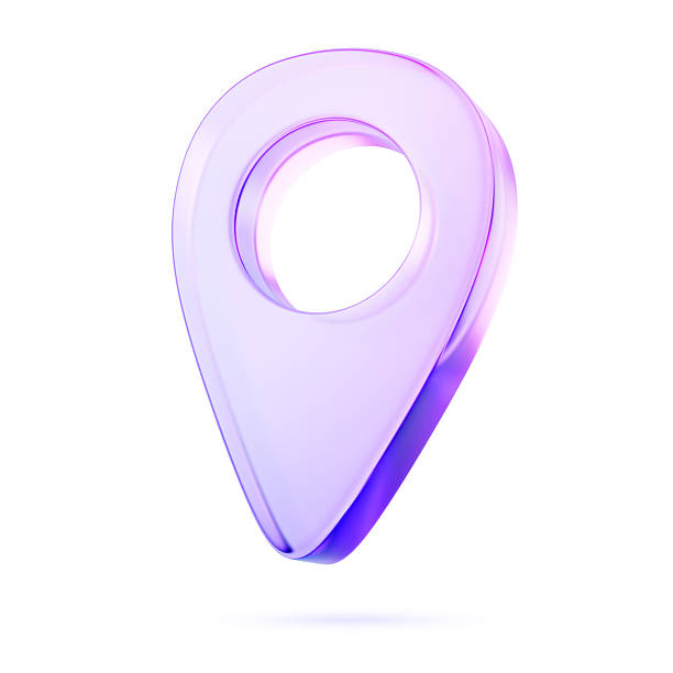 Glass holographic transparent map pin icon, location tag render. GPS navigation symbol, crystal geo marker with purple pink gradient texture, map pointer isolated on white background
