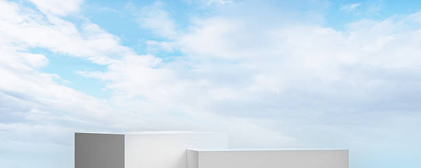 White Podium for Cosmetic Product Presentation with Sky Background. Mockup Stage Stand Platform, Studio display showroom cosmetic product pedestal, Fashion stage showcase mockup scene.