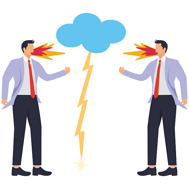 istock Conflict or hatred, anger, quarrel, debate, different ideas or opinions, two angry quarreling businessmen with flames shooting out of their mouths 2213463000
