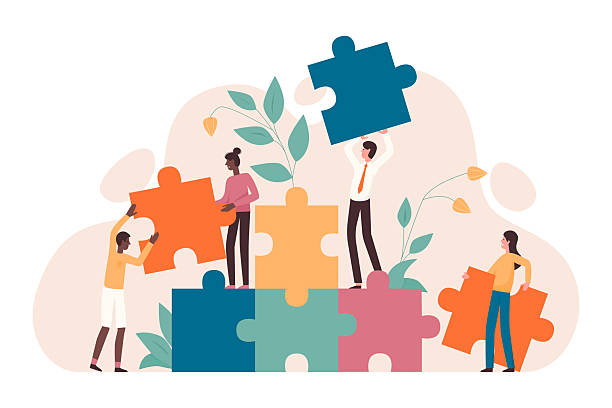 teamarbeit und startup-konzept in flachem vektor mit einem riesigen puzzle, das zusammenarbeit, teambuilding und brainstorming symbolisiert. - zusammenarbeit stock-grafiken, -clipart, -cartoons und -symbole