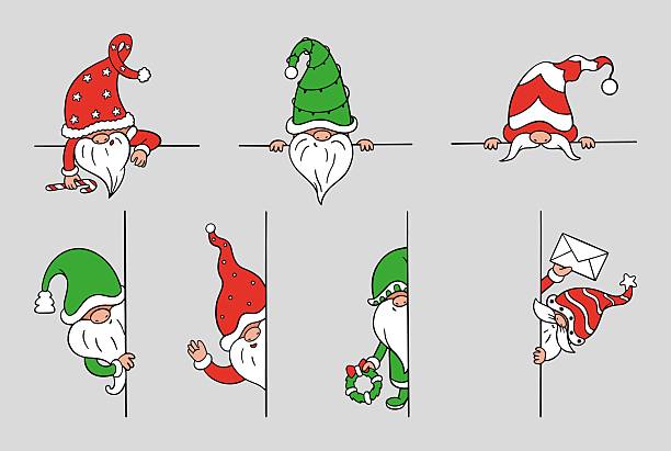 Gnomes peeking. Funny dwarves looking from corner. Banners with scandinavian style dwarf, christmas elves decorative design, neoteric vector elements original artwork