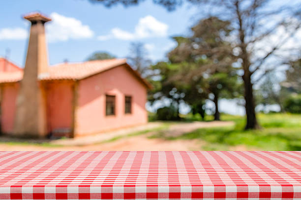 Empty picnic table covered with a checkered tablecloth in front of blurred rural house background