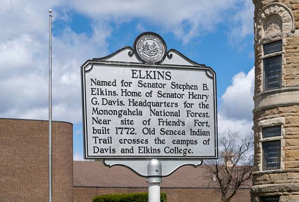istock Elkins Historical Sign and Background Architecture 2213467917