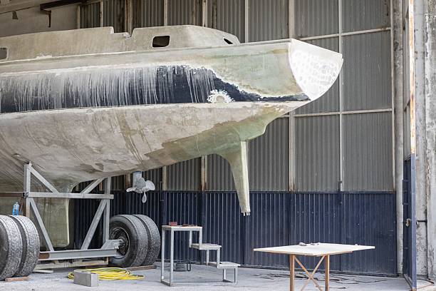 istock Fiberglass yacht being repaired at a shipyard 2213468253