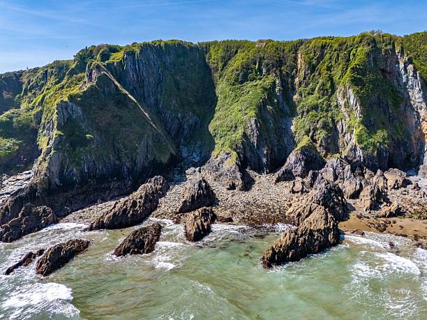 A rugged coastal cliff with green vegetation and rocky shoreline under a clear blue sky.