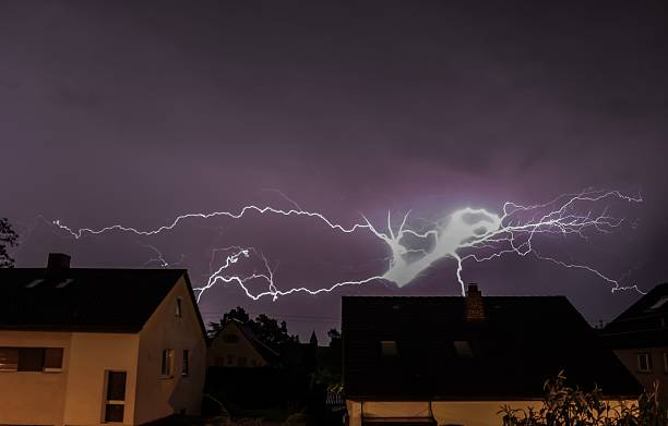 istock Lightning storm over suburban houses 2213468976