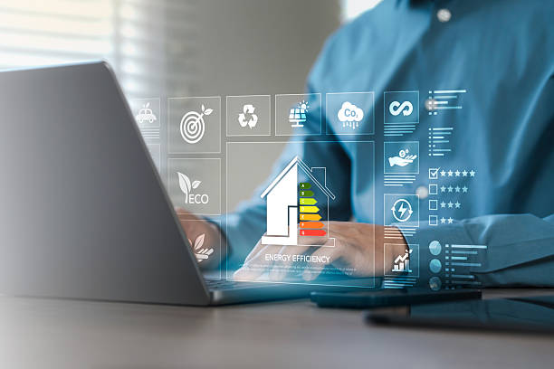 istock Energy efficiency concept, Sustainable development, Thermal protection efficiency of environmentally friendly home improvement, using a laptop with Energy Efficiency Assessment on a virtual screen. 2213469657