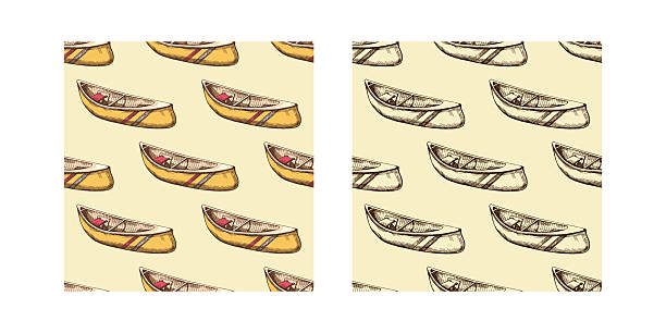Seamless vintage pattern set of hand drawn canoes, perfect for river rafting, outdoor exploration, camping themes and rustic adventure designs. Ink sketch illustration in authentic hand drawn style.