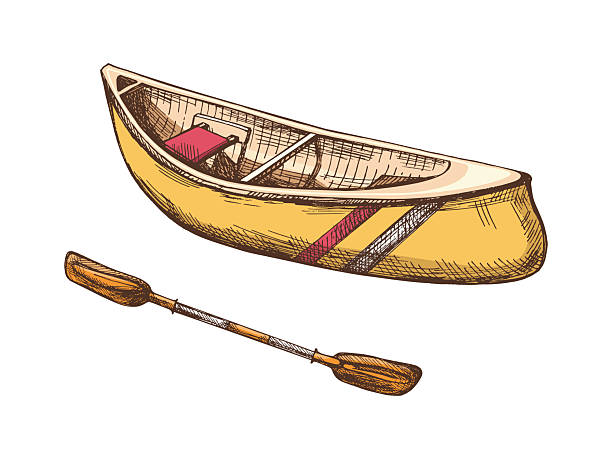 Hand drawn vintage colored sketch featuring a wooden canoe boat with a double blade paddle. Perfect for rafting, kayaking, canoeing, fishing trips and outdoor adventure design.