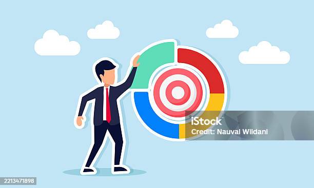 Target Chart Round Businessman Standing Next To Circle Chart With Target Board Inside ...