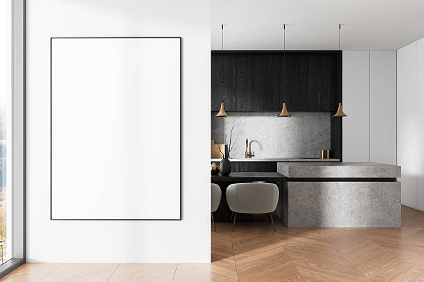 istock Blank poster mockup on white wall next to modern kitchen interior with minimalist decor and neutral tones in upscale apartment setting. 3D Rendering 2213472836