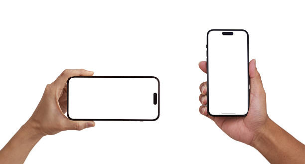 Hand holding Smartphone frameless mockup. Studio shot template on transparent background for Infographic web site design app advertise