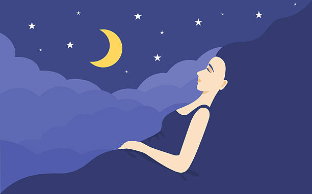 istock A woman peacefully sleeping with moon and stars on night sky in good sleep concept. 2213473120
