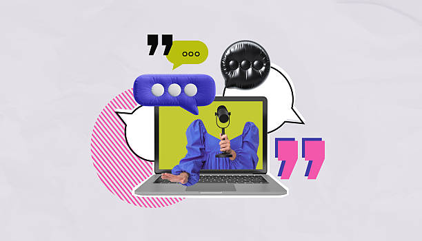 istock Creative collage of podcast host with speech bubbles and laptop screen elements. 2213473508