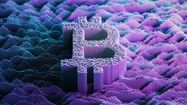 istock Bitcoin Sign on abstract digital landscape - Digital Analytics - Blue, Pink - Technology, Big Data, Forecasting 2213473554