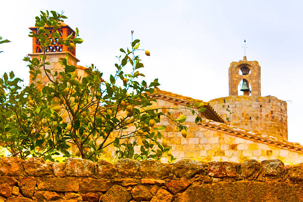 Hours tower, street view  in Pals, Girona, Catalunya, Spain. Townscape. Chimney, lemon tree, stone wall in the foreground.